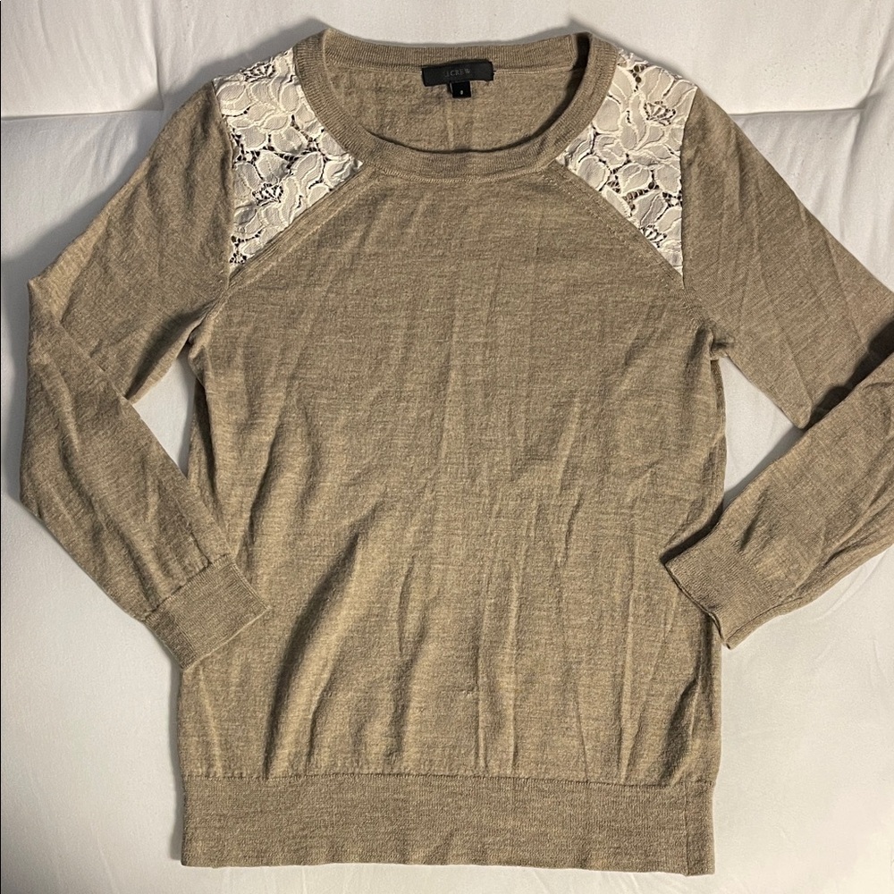 J. Crew Merino Wool Crewneck with Lace Shoulder Detail - Small